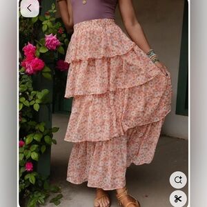 Three Bird Nest Floral Ruffled Maxi Skirt in soft Pink